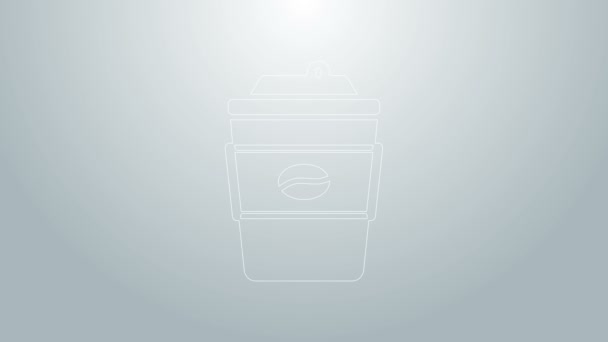 Línea azul taza de café para ir icono aislado sobre fondo gris. Animación gráfica de vídeo 4K — Vídeos de Stock