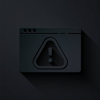 Kağıt kesme Tarayıcı siyah arkaplanda izole edilmiş ünlem işareti simgesi ile. Uyarı mesajı akıllı telefon uyarısı. Kağıt sanatı tarzı. Vektör İllüstrasyonu.