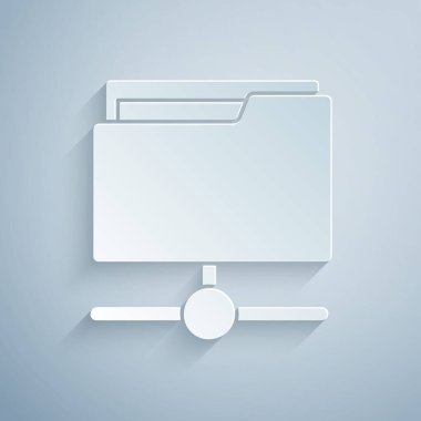 Kağıt kesiği FTP dizin simgesi gri arkaplanda izole edildi. Yazılım güncellemesi, transfer protokolü, yönlendirici, takım çalışması aracı yönetimi, kopyalama süreci, bilgi. Kağıt sanatı tarzı. Vektör.