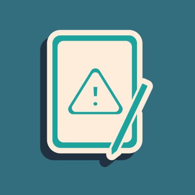 Yeşil zemin üzerinde ünlem işareti simgesi olan yeşil grafiksel tablet. Uyarı mesajı akıllı telefon uyarısı. Uzun gölge tarzı. Vektör.