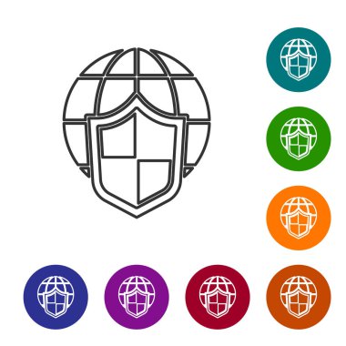 Beyaz arka planda dünya küresi ikonu olan siyah çizgi kalkanı. Sigorta konsepti. Güvenlik, güvenlik, koruma, gizlilik kavramı. Simgeleri renk daire düğmelerine ayarla. Vektör..