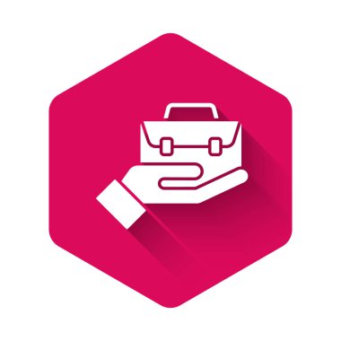 Beyaz El evrak çantası ikonu uzun gölgeli. Sigorta konsepti. Güvenlik, güvenlik, koruma, konsept koruma. Pembe altıgen düğmesi. Vektör..