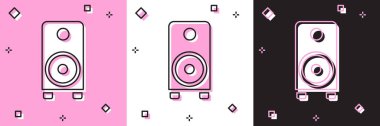 Stereo hoparlör simgesini pembe beyaz siyah arkaplanda izole et. Ses sistemi hoparlörleri. Müzik ikonu. Müzikal sütun hoparlörü. Vektör.