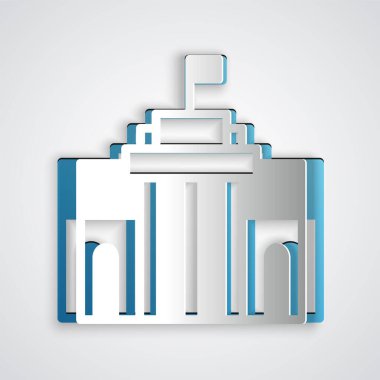 Kağıt kesiği Prado müzesi simgesi gri arka planda izole edilmiş. Madrid, İspanya. Kağıt sanatı tarzı. Vektör.