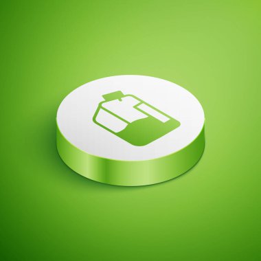 Isometric Yazıcı mürekkep şişesi simgesi yeşil arka planda izole edildi. Beyaz daire düğmesi. Vektör.