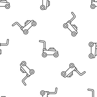 Gri çizgi çim biçme makinesi simgesi beyaz arka planda izole edilmiş pürüzsüz desen. Çim biçme makinesi çim biçiyor. Vektör.