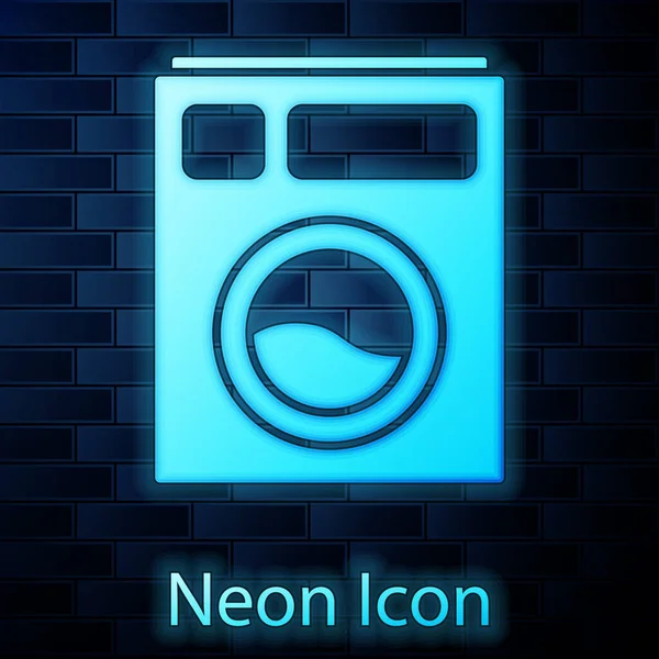 Glowing Neon Washer Icon Isolated Brick Wall Background Washing Machine — Stock Vector