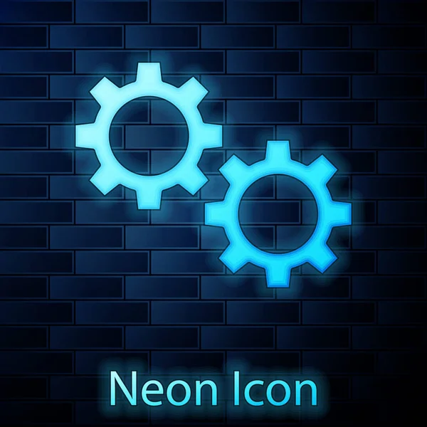 Zářící Neon Gear Ikona Izolované Pozadí Cihlové Zdi Značka Nastavení — Stockový vektor