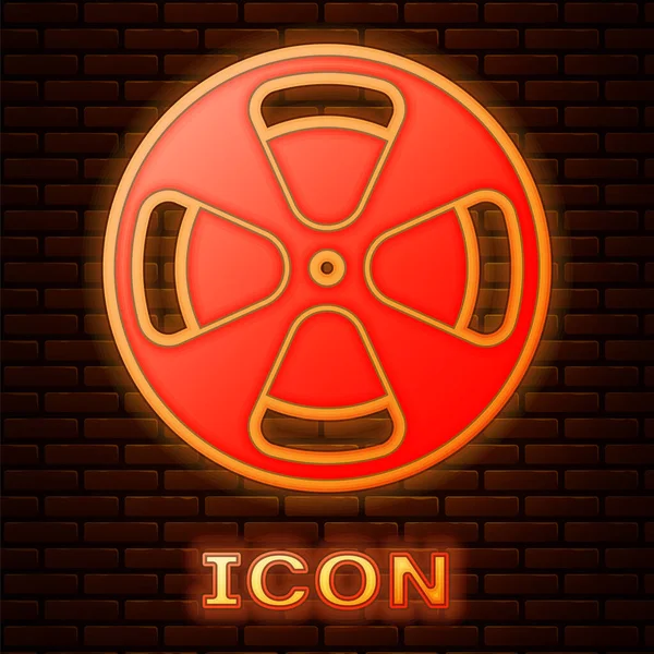 Gloeiende Neon Film Reel Pictogram Geïsoleerd Baksteen Muur Achtergrond Vector — Stockvector