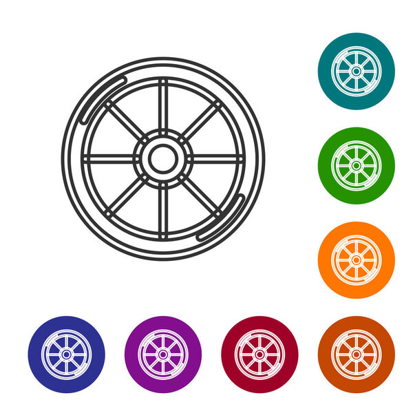 Black line Bicycle wheel icon isolated on white background. Bike race. Extreme sport. Sport equipment. Set icons in color circle buttons. Vector.