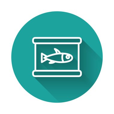 Beyaz çizgi, uzun gölgeli konserve balık ikonu. Yeşil daire düğmesi. Vektör..