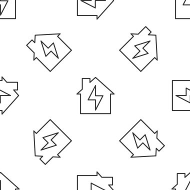 Gri çizgi Ev ve şimşek ikonu beyaz arka planda kusursuz desen izole etti. Ev enerjisi. Vektör.