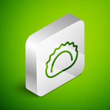 Yeşil arkaplanda izole edilmiş Isometric çizgi hamur tatlısı simgesi. Pierogi, varenyky, pelmeni, ravioli. Geleneksel Ukrayna yemekleri. Gümüş kare düğme. Vektör.