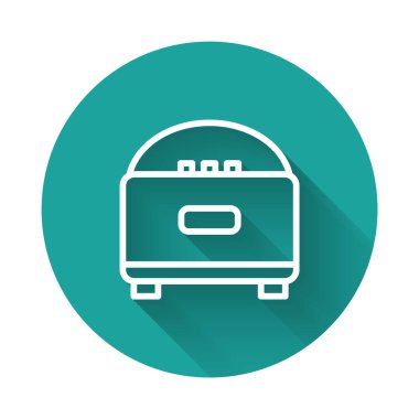 Beyaz çizgi Stereo hoparlör ikonu uzun gölgeli izole edildi. Ses sistemi hoparlörleri. Müzik ikonu. Müzikal sütun hoparlörü. Yeşil daire düğmesi. Vektör.