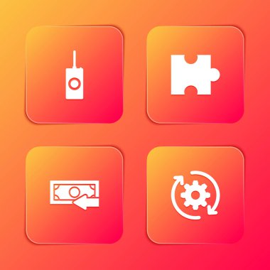 Uzaktan kumanda, yapboz parçası, nakit para ve dişli ve ok çalışma akışı simgesini ayarla. Vektör.