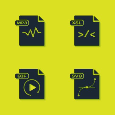 MP3 dosya belgesini, SVG, GIF ve XSL simgesini ayarla. Vektör.