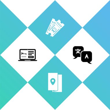 Çevrimiçi otel rezervasyonunu, seyahat rehberini, otobüs biletini ve tercüman simgesini ayarla. Vektör.