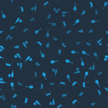 Kamp çadırı, keman, buğday ve bira şişesi ve camları pürüzsüz desenlere ayarlayın. Vektör.