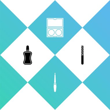 Tırnak cilası şişesi, dosya, ayna ve simgeyle makyaj tozu hazırla. Vektör.