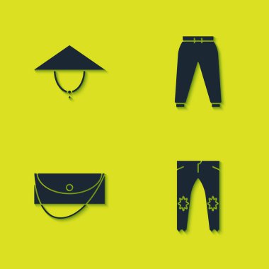 Asya konik şapkası, pantolonu, debriyaj çantasını ve spor pantolon ikonunu hazırla. Vektör.