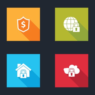 Kalkan 'ı dolarla ayarla, Küresel tecrit, Ev koruma altında ve Bulut bilgisayar simgesi. Vektör.