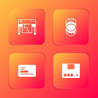 Çerçeve seti, boya kovası, kartvizit ve karton kutu ikonu. Vektör.