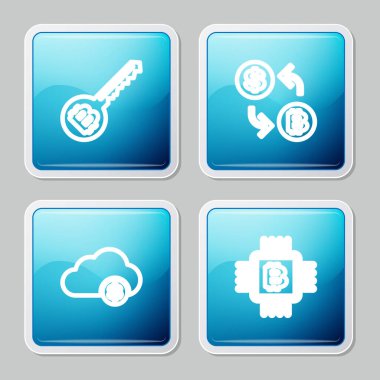 Kripto para birimi anahtarı, takas, bulut madenciliği ve CPU çiftlik ikonu ayarla. Vektör.