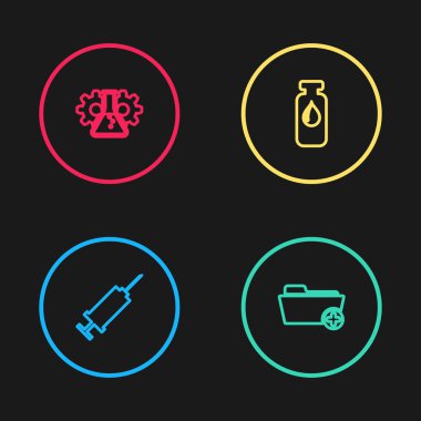 Şırınga, Sağlık Dosyası, Tıbbi Şişe, ampul ve Biyomühendislik ikonu. Vektör.