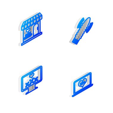 Set Isometric line Dildo vibrator for sex games, Sex shop building, Monitor with 18 plus content and Laptop icon. Vector.