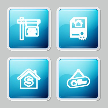 Açık Ev, Ev Sözleşmesi, Dolar ve Kira ikonu ile bir çizgi asma tabelası. Vektör.