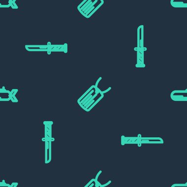 Askeri künyeyi, bıçağı ve denizaltıyı kusursuz bir şekilde yerleştirin. Vektör.