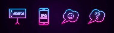 Hat Bilgileri, SSS bilgileriyle Mobil Bilgiler, Konuşma baloncuğu gülümsemesi ve Soru. Parlayan neon ikonu. Vektör.