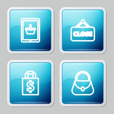 Alış veriş sepetini tablete koy, Kapalı Tabelayı as, Torba, Dolar ve Çanta ikonuyla as. Vektör.