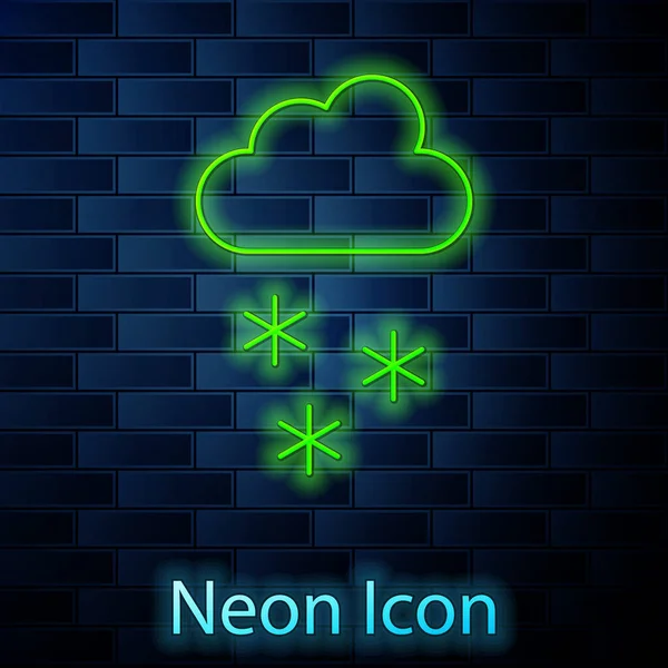 Ragyogó Neon Vonal Felhő Ikon Elszigetelt Téglafal Háttér Felhő Hópelyhekkel — Stock Vector