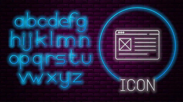 Leuchtende Neon Linie Browser Fenster Symbol Isoliert Auf Backsteinwand Hintergrund — Stockvektor