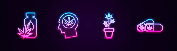 Set Line Marihuana Oder Cannabisblattöl Kopf Profil Mit Marihuana Pflanzentopf — Stockvektor