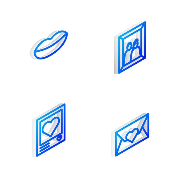 Zestaw Isometric Linii Obrazek Ramki Uśmiechnięte Usta Ramki Fotograficzne Serca — Wektor stockowy