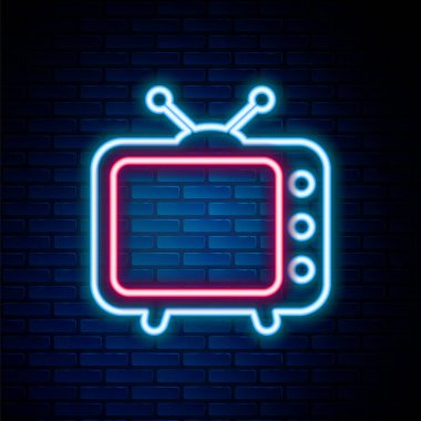 Parlayan neon hat televizyon ikonu tuğla duvar arka planında izole edildi. Televizyon tabelası. Renkli taslak konsepti. Vektör
