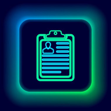 Siyah arkaplanda özgeçmiş simgesi izole edilmiş parlak neon çizgi panosu. Özgeçmiş başvurusu. Müfredat vitae, profil fotoğraflı iş başvuru formu. Renkli taslak konsepti. Vektör
