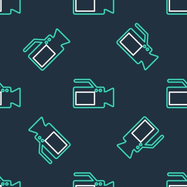 Line Cinema kamera simgesi siyah arkaplanda kusursuz desen izole etti. Video kamera. Film tabelası. Film projektörü. Vektör