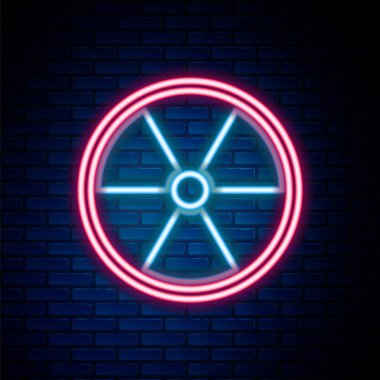 Parlayan neon hattı radyoaktif simge tuğla duvar arka planında izole edildi. Radyoaktif zehirli sembol. Radyasyon tehlikesi işareti. Renkli taslak konsepti. Vektör