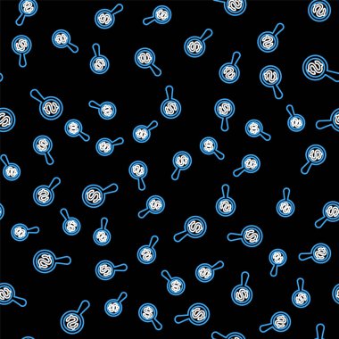 Çizgi büyüteç ve dolar simgesi siyah arka planda izole edilmiş. Para bul. Para arıyorum. Vektör