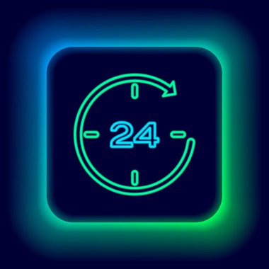 Parlayan neon hattı Saat 24 saat simgesi siyah arkaplanda izole edildi. Tüm gün döngü simgesi. 24 saat hizmet sembolü. Renkli taslak konsepti. Vektör