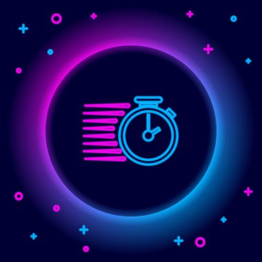 Parlayan neon hattı Stopwatch simgesi siyah arkaplanda izole edildi. Zaman göstergesi. Renkli taslak konsepti. Vektör