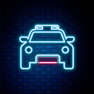 Parlak neon çizgili polis arabası ve polis teşhircisi ikonu tuğla duvar arkasında izole edilmiş. Acil durum sireni. Renkli taslak konsepti. Vektör