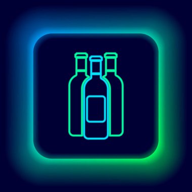 Parlayan neon çizgisi şarap şişeleri siyah arka planda izole edilmiş. Renkli taslak konsepti. Vektör