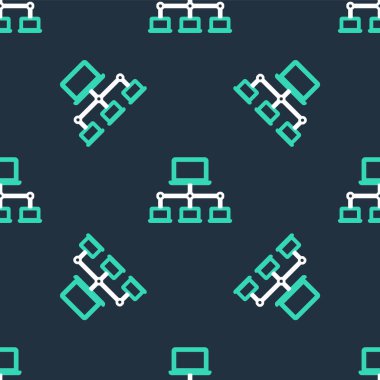 Çizgi Bilgisayar ağı simgesi siyah arkaplanda izole edilmiş. Laptop ağı. İnternet bağlantısı. Vektör