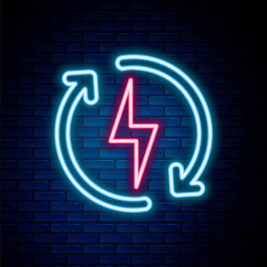 Parlayan neon hattı, tuğla duvar arka planında izole edilmiş ikon şarj ediliyor. Elektrik enerjisi işareti. Renkli taslak konsepti. Vektör