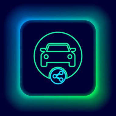 Parlayan neon hattı araba paylaşım simgesi siyah arkaplanda izole edildi. Araba paylaşım tabelası. Nakliye hizmeti konsepti. Renkli taslak konsepti. Vektör