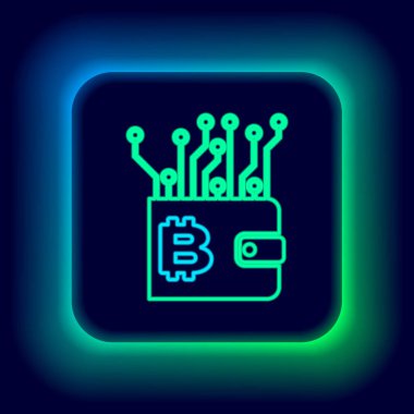 Parlayan neon hattı Kripto para birimi cüzdanı simgesi siyah arkaplanda izole edildi. Cüzdan ve bitcoin işareti. Maden konsepti. Para, ödeme, nakit, ödeme ikonu. Renkli taslak konsepti. Vektör